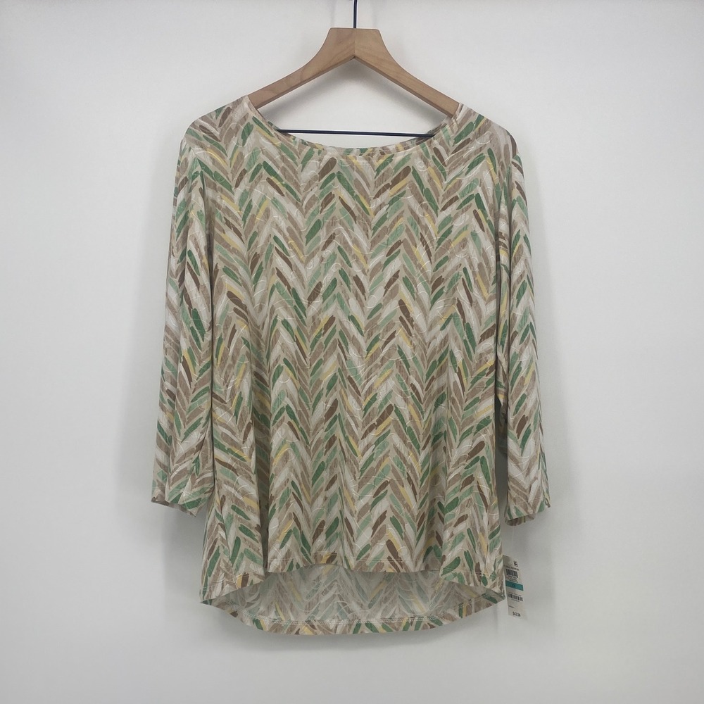 JM Collection Woman Chevron Rain Top Blouse Womens 0X Green Tan 3/4 Sleeve New